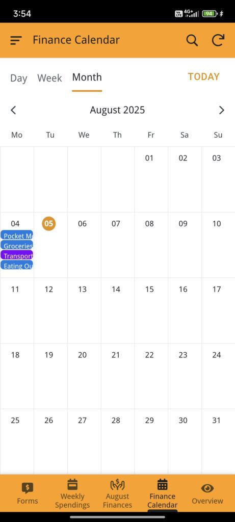 Month Calendar View Boba Finances App